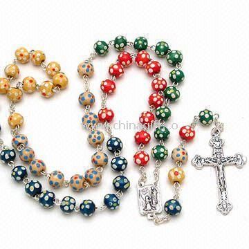 Flower-painted Rosary Necklace Decorated with Wooden Beads and Silver Finish Links