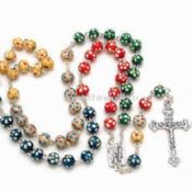 Flower-painted Rosary Necklace Decorated with Wooden Beads and Silver Finish Links