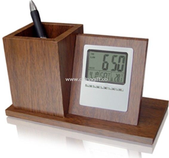 Wood Pen holder with Clock