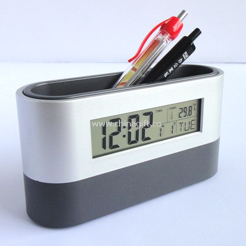 LCD clock with pen holder