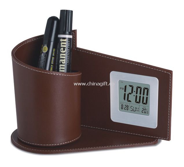 Leather pen holder clock