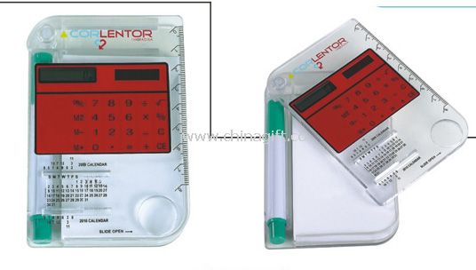 solar calculator with memo pad and ball pen