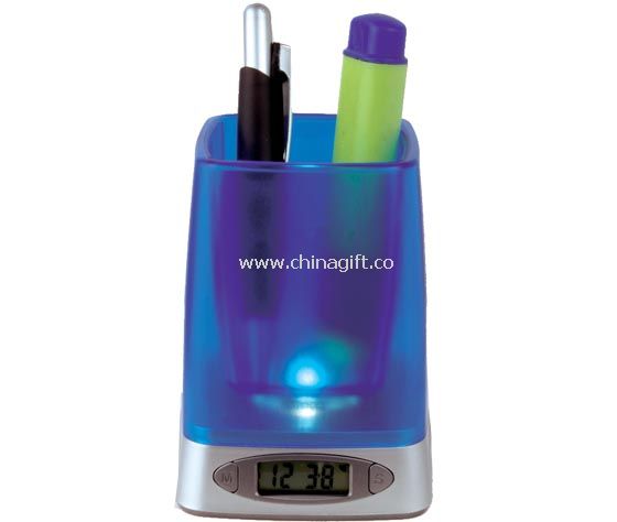 Clock pen container with lamp
