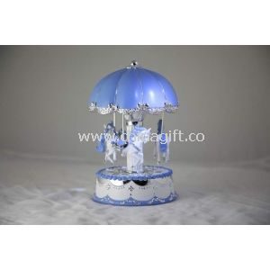 Blue Carousel Music Box Polyresin Miniature Carousel