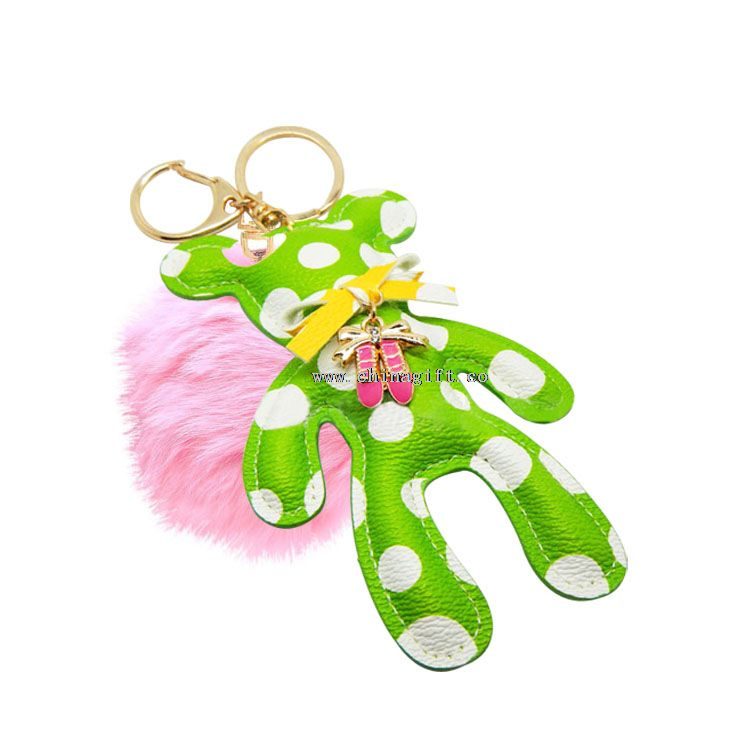 Leather Animal keyring cheap keyring wholesale handmade bear keyrings with fur ball