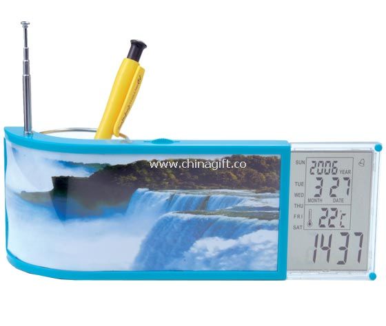 Fancy table calendar radio with photo frame and pen container