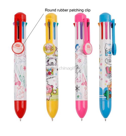 8 Color ball pen w/round rubber patching clip