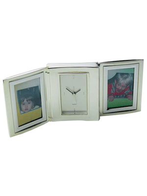 Nickel Plated Double Photo Frame With Alarm Clock