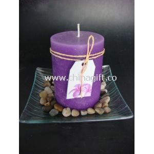 3x4 purple pillar candle in glass tray