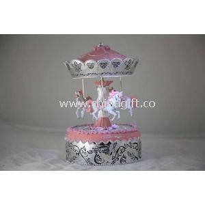 Pink Parousel Music Box Silver Plating Polyresin Miniature Carousel With Music Rotating