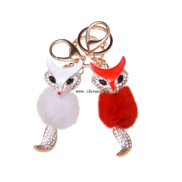 Elegant fancy fox fur ball keychain chain decorative rhinestone keychain