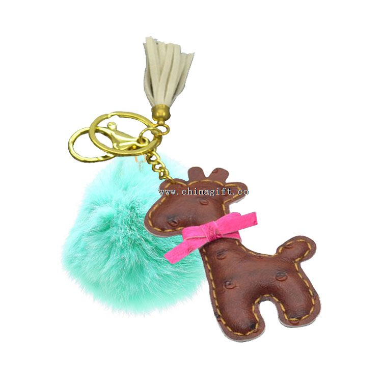 Giraffe shape Leather key chain wholesale with fur ball key chain