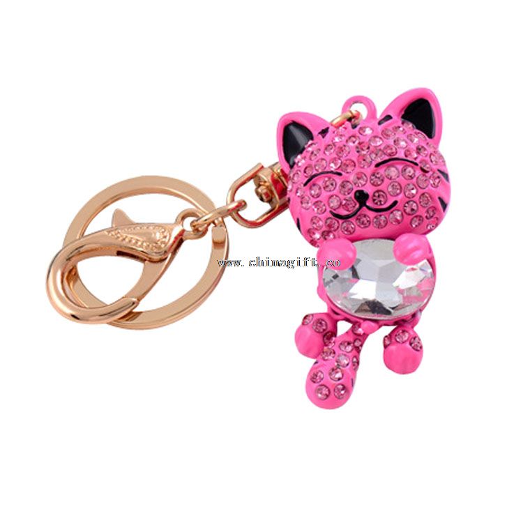 Lovely keyring cat rhinestone crystal keychain pink key ring connected