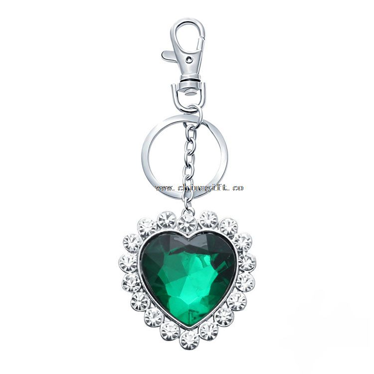 New charming heart heart charm keyring crystal keychain ring green gem pendant