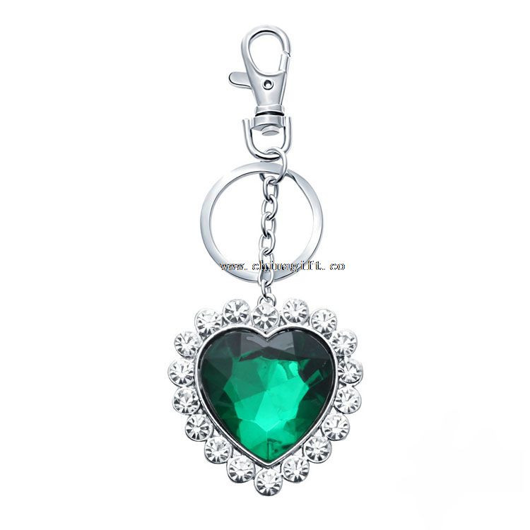 Nouveau charmant coeur coeur charme keyring keychain bague verte gem pendentif en cristal