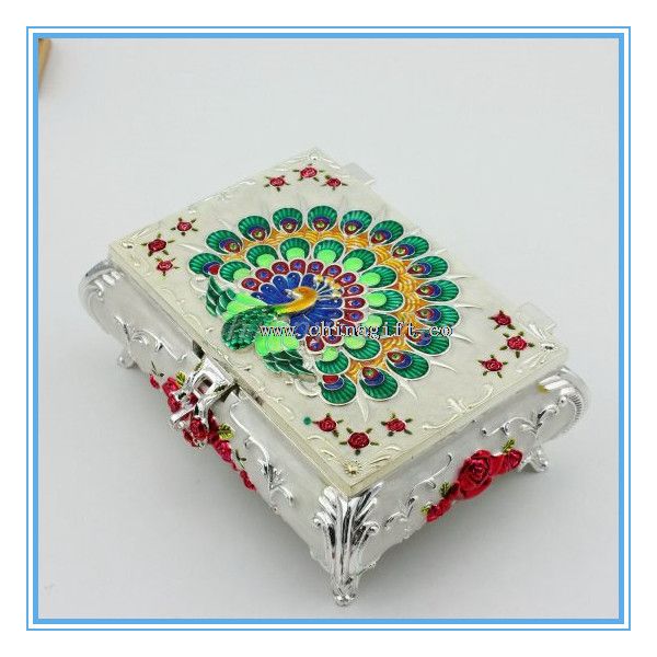 Caixa de joias de metal de cloisonne design esmalte pavão com inlay