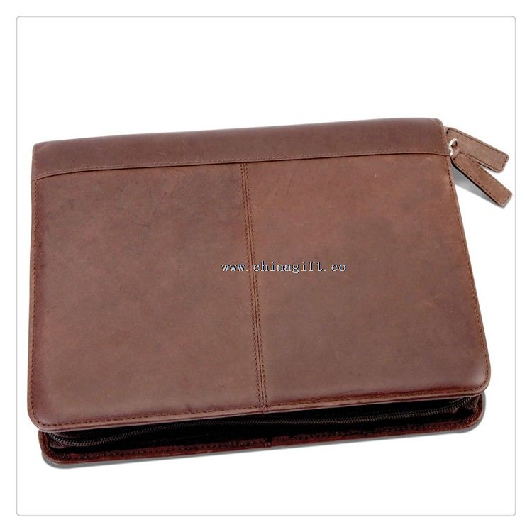 Multifunctional A4 Zippered Brown Leather Portfolio