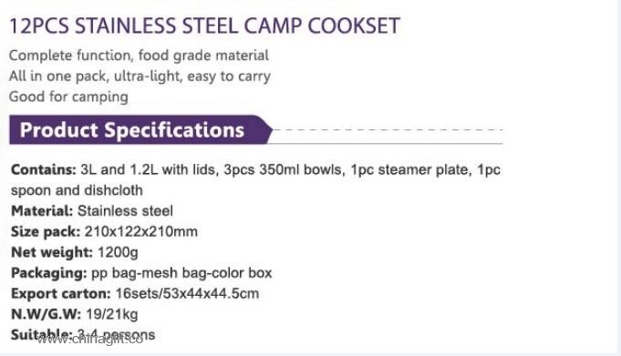 12pcs Outdoor Camping Stainless steel cookware sets
