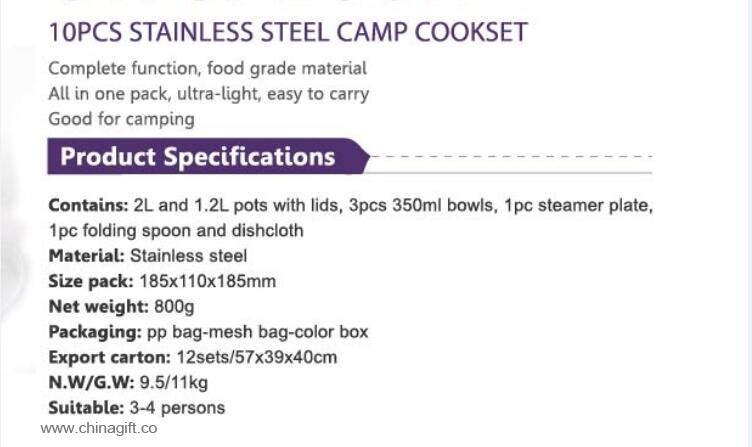10db rozsdamentes acél camping szakács készlet