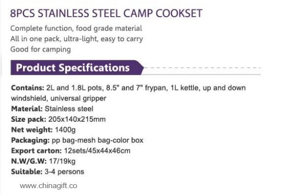 8pcs stainless steel camping cookware set