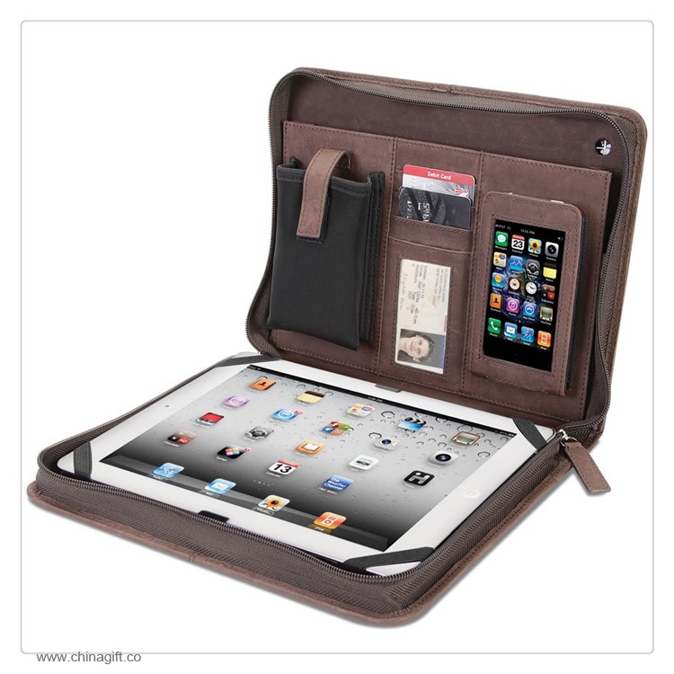  Multifunctional A4 Zippered Brown Leather Portfolio